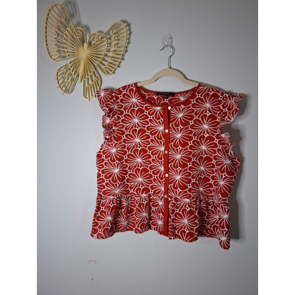 Marc New York Andrew Marc Red Floral Eyelet Ruffle Peplum Blouse Top XL